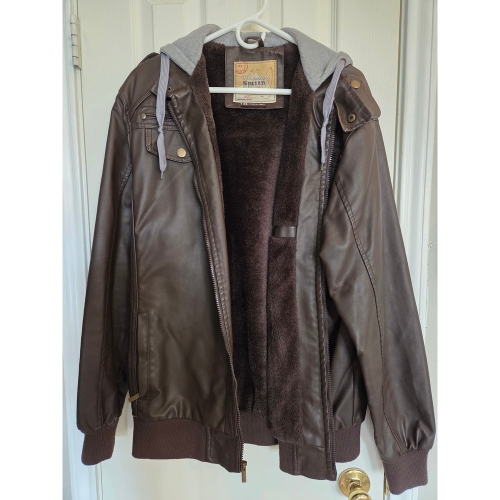 Whispering Smith Mens Faux Leather Bomber Jacket Brown Hooded Faux Fur Lined XL